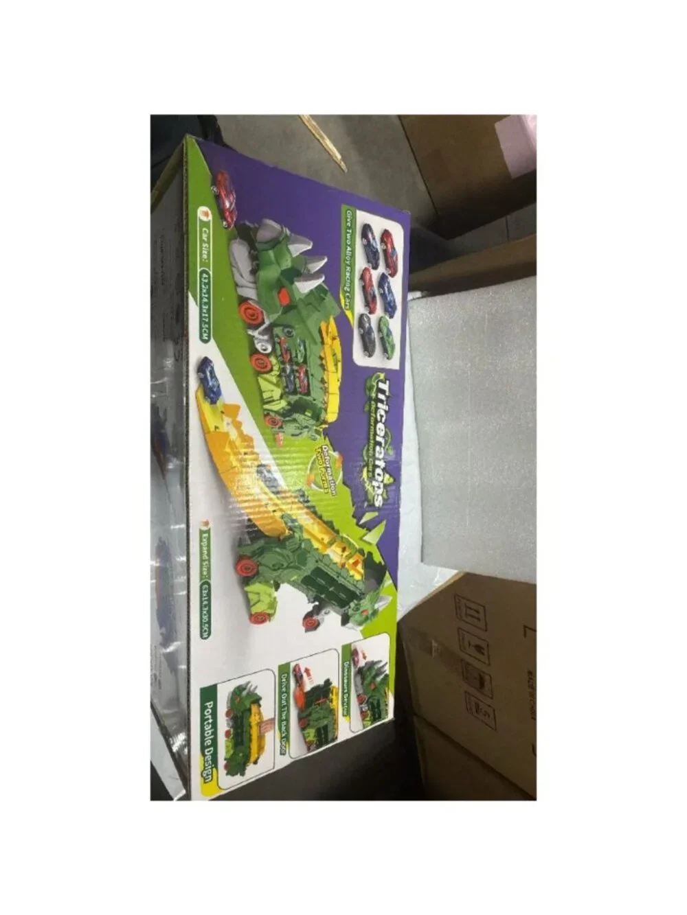 Green Triceratops Dinosaur Transport Truck With Slide Boy Gift Toy Car Display
